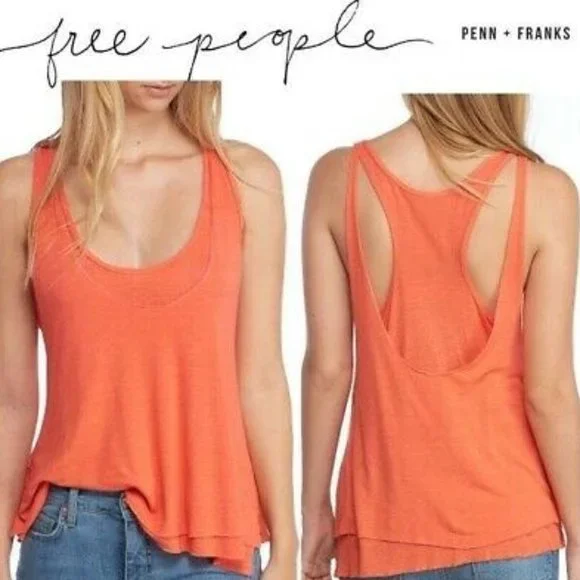 FREE PEOPLE We The Free Karmen Double Layer Tank Top Coral Orange Medium - Picture 1 of 8